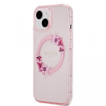 Guess PC|TPU Flowers Ring Glossy Logo MagSafe Case for iPhone 15 Pink