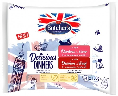 BUTCHER'S Delicious Dinners Chicken with liver, Chicken with beef   - wet cat food - 4 x 100g image 1