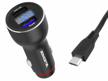 Автомобильное зарядное устройство Somostel SMS-A89 Quick Charger 3.0, 2 x USB, 5 A, 30 Вт, метр + кабель Micro USB, черный.