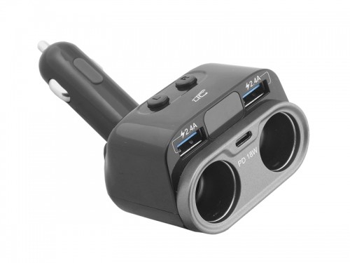PS LTC CAR FIRE TR230 adapteris, 2 150 W kontaktligzdas, 2 x USB 2,4 A + C tipa 18 W ātrais lādētājs, 12|24 V. image 1