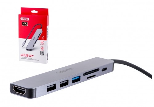 UNITEK HUB USB-C H1118A; USB-A x3, USB-C, HDMI, SD, microSD image 4