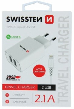 Swissten Smart IC Tīkla Lādētājs 2x USB 2.1A Ar Lightning (MD818) vadu 1.2 m Balts