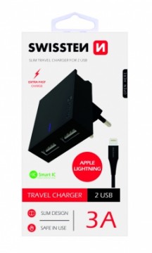 Swissten Premium Tīkla Lādētājs USB 3А | 15W Ar Lightning (MD818) vadu 120 cm Melns
