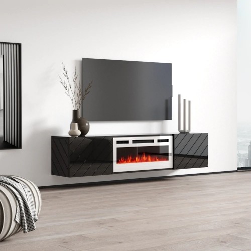 Cama Meble RTV LUXE cabinet 182.6x34.5x37.5 black/black gloss + white fireplace image 2