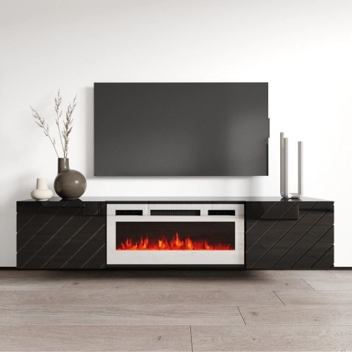 Cama Meble RTV LUXE cabinet 182.6x34.5x37.5 black/black gloss + white fireplace image 3