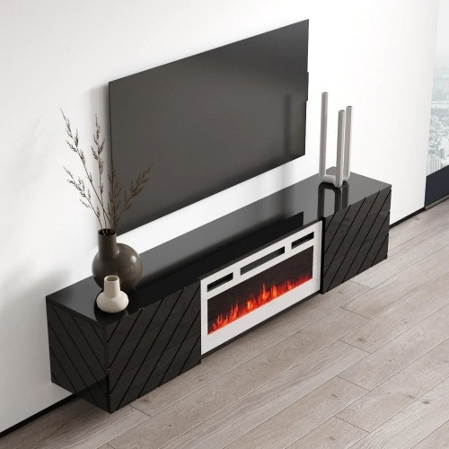 Cama Meble RTV LUXE cabinet 182.6x34.5x37.5 black/black gloss + white fireplace image 4