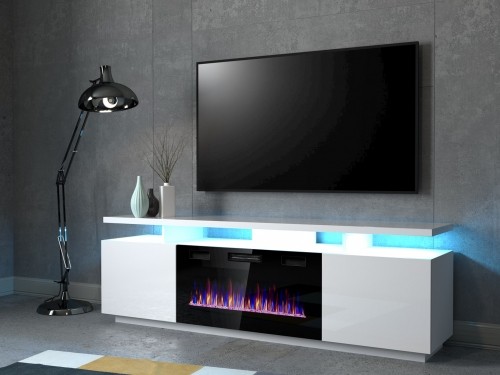 Cama Meble RTV EVA cabinet with electric fireplace 180x40x52 cm white/gloss white image 1