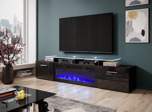 Cama Meble RTV cabinet ROVA with electric fireplace 190x37x48 cm black/black gloss image 3
