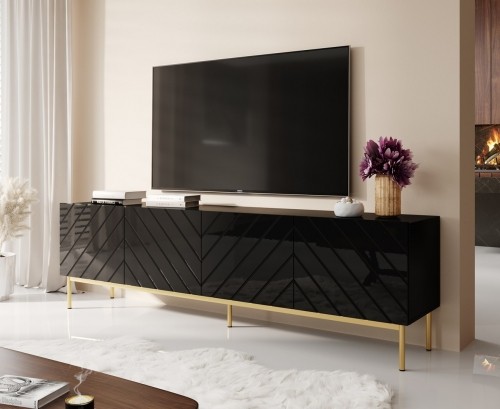 Cama Meble ABETO RTV cabinet on golden steel frame 200x42x60 black/gloss black image 1