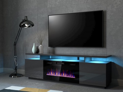 Cama Meble RTV EVA cabinet with electric fireplace 180x40x52 cm graphite/glossy graphite image 1