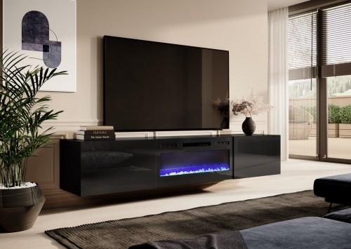 Cama Meble RTV cabinet SLIDE 200K with electric fireplace 200x40x37 cm all in gloss black image 3