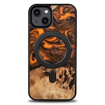 Wood and resin case for iPhone 15 Plus MagSafe Bewood Unique Orange - orange and black