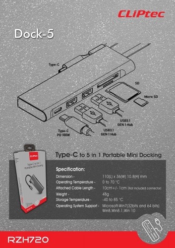 OEM Cliptec Adapter HUB - Type C to 2xUSB 3.1 + Type C + SD|microSD - Dock-5 RZH720 grey image 5
