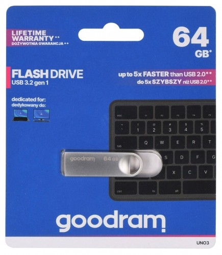GOODRAM FLASHDRIVE 64GB UNO3 SILVER USB 3.2 Gen 1 image 2