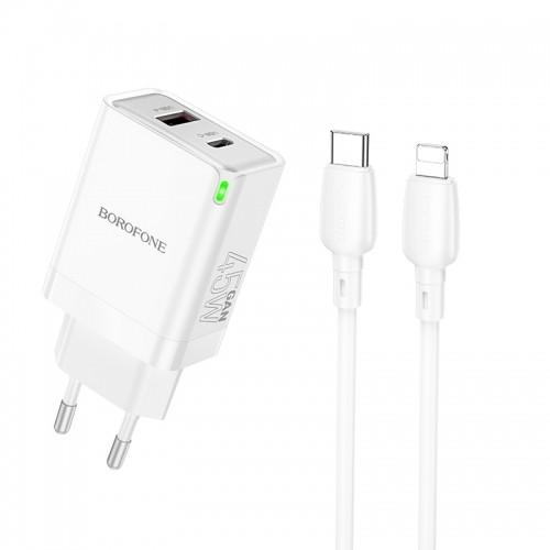 OEM Borofone Wall charger BN16 Tough - USB + Type C - PD 45W 3A with Type C to Lightning cable white image 1