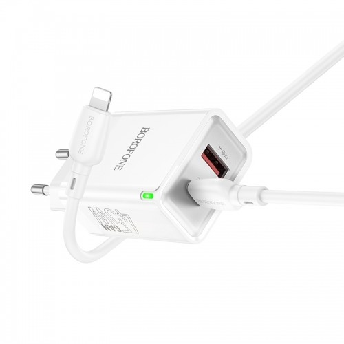 OEM Borofone Wall charger BN16 Tough - USB + Type C - PD 45W 3A with Type C to Lightning cable white image 3