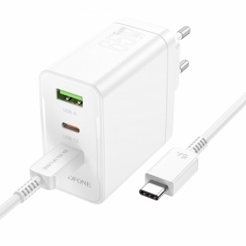 OEM Borofone Wall charger BN12 Manager - USB + 2xType C - PD 65W 3A with Type C to Type C cable white