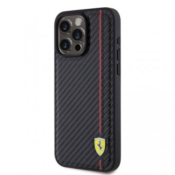 Ferrari PU Leather Carbon Vertical Red Line Case for iPhone 15 Pro Max Black