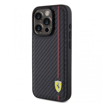 Ferrari PU Leather Carbon Vertical Red Line Case for iPhone 15 Pro Black