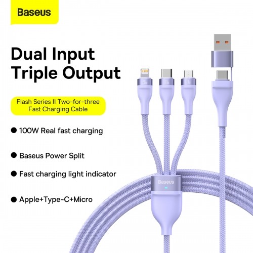 OEM Baseus Flash Series II USB Type C | USB Type A cable - USB Type C | Lightning | micro USB 100 W 1.2 m purple (CASS030105) image 1
