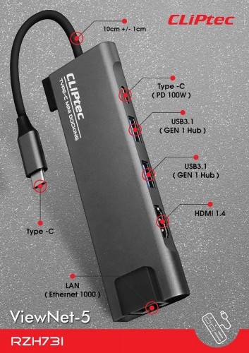 OEM Cliptec Adapter HUB - Type C to 2xUSB 3.1 + Type C + HDMI + RJ45 - DockView-6 RZH731 grey image 2