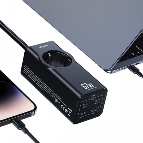 USAMS Listwa zasilająca 67W 3x USB-C + USB Fast Charging Extension Cable EU czarny|black CC225TC01 (US-CC225) image 4