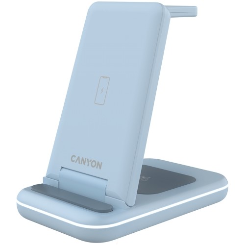 CANYON WS-304, Foldable  3in1 Wireless charger, with touch button for Running water light, Input 9V/2A,  12V/1.5AOutput 15W/10W/7.5W/5W, Type c to USB-A cable length 1.2m, with QC18W EU plug,132.51*75*28.58mm, 0.168Kg,Blue image 2