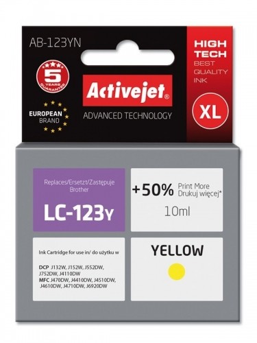 Activejet AB-123YN Ink cartridge (replacement for Brother LC123Y/121Y; Supreme; 10 ml; yellow) image 1