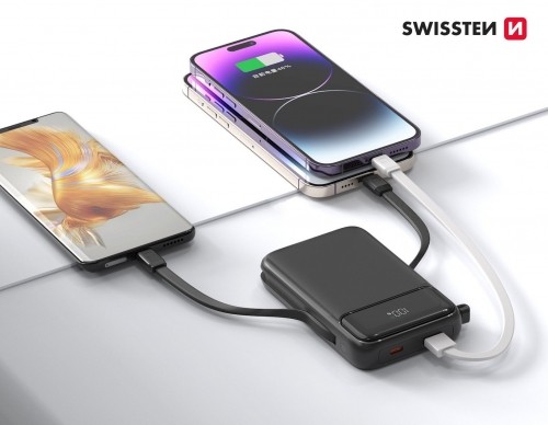 Swissten Ārējās uzlādes Baterija 10000 mAh 20W ar iebūvētiem USB-C un Lightning kabeļiem (Saderīgs ar MagSafe) image 3