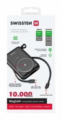 Swissten Ārējās uzlādes Baterija 10000 mAh 20W ar iebūvētiem USB-C un Lightning kabeļiem (Saderīgs ar MagSafe) image 5