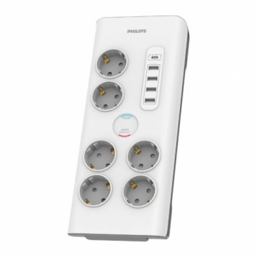 Philips   Philips Surge protector SPN7060WA/58, 6 outlets, 2 m power cord, 1 x Type C port, Max 15 W output, 4 x Type A ports, Max 20 W output, 900 joules of surge protection