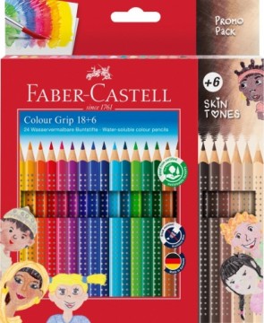 Trīsstūrveida akvareļu zīmuļi Faber-Castell Colour Grip 18+6 krāsas