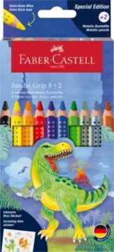 Trīsstūrveida akvareļu zīmuļi Faber-Castell Jumbo Grip Dinosaurus 8+2 krāsas