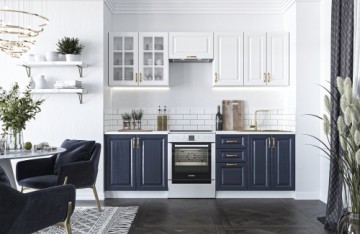 Halmar VIKTORIA 240 kitchen set, color: front - white / dark blue, body – white ,worktop – white