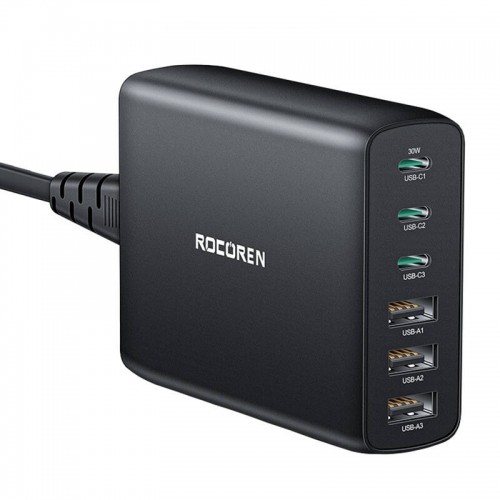 Wall charger GaN Rocoren 3x USB-C, 3x USB, 100W (black) image 1
