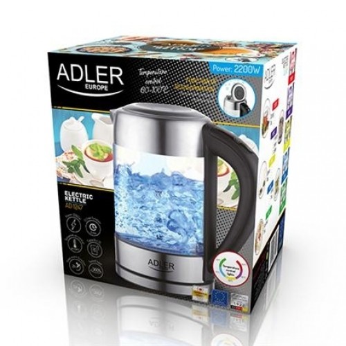 Adler | Kettle | AD 1247 NEW | With electronic control | 1850 - 2200 W | 1.7 L | Stainless steel, glass | 360° rotational base | Stainless steel/Transparent image 1