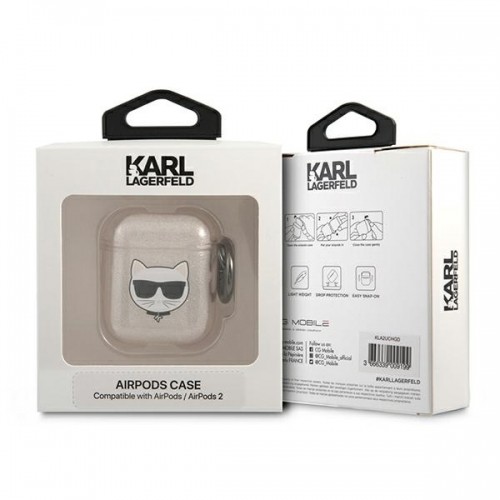 OEM KLA2UCHGD Karl Lagerfeld TPU Glitter Choupette Head Case for Airpods 1|2 Gold image 4