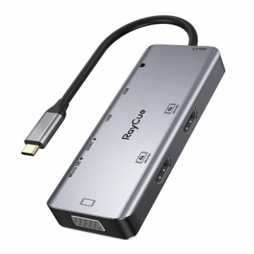 Hub 9in1 RayCue USB-C to 2x USB-A 3.0 5Gbps + 2x SD|TF 3.0 + 2x HDMI 4K30Hz + VGA 1080p + jack 3.5mm + PD 3.0 100W (gray)