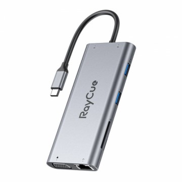 Hub 11w1 RayCue USB-C do 2x USB-A 2.0 480Mbps + 3x USB-A 3.2 5Gbps + SD|TF 3.0 + HDMI 4K30Hz + VGA 1080p + RJ45 + PD 3.0 100W (sary)