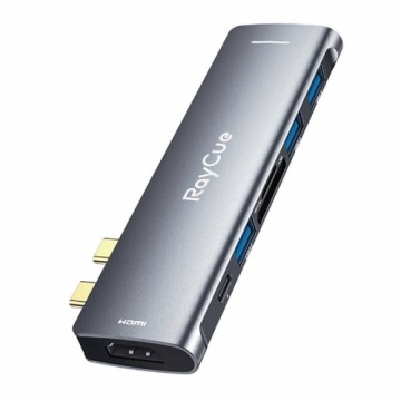 Hub 7w2 RayCue 2x USB-C do Thunderbolt 3 + 3x USB-A 3.0 5Gbps + SD|TF 3.0 + HDMI 4K60Hz (sary)