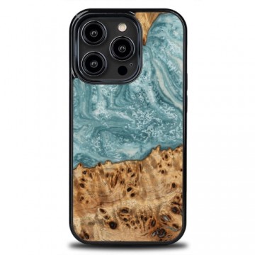 Wood and resin case for iPhone 15 Pro Bewood Unique Uranus - blue and white