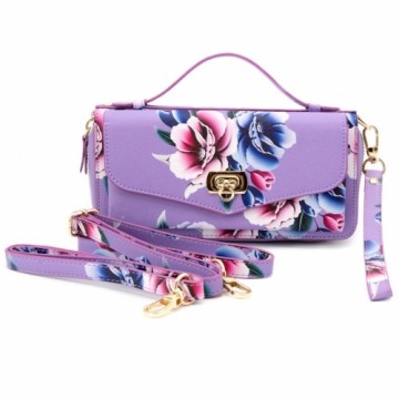 Evelatus Эко-кожаный кошелек-чехол с магнитным фиксатором для смартфона и плечевым ремнем Flower Фиолетовый