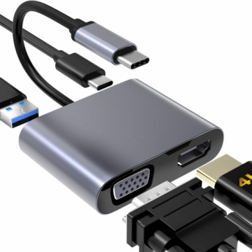 iLike HD5 4in1 Konverteris USB-C uz Hdmi 4K 30Hz / VGA monitors / USB 3.0 / USB-C PD 100W