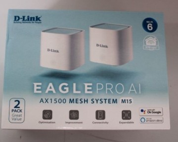D-link   SALE OUT.  M15-2 EAGLE PRO AI AX1500 Mesh System  EAGLE PRO AI AX1500 Mesh System M15-2 (2-pack) 802.11ax 1200+300 Mbit/s 10/100/1000 Mbit/s Ethernet LAN (RJ-45) ports 1 Mesh Support Yes MU-MiMO Yes No mobile broadband Antenna type 2 x 2.4G WLAN 