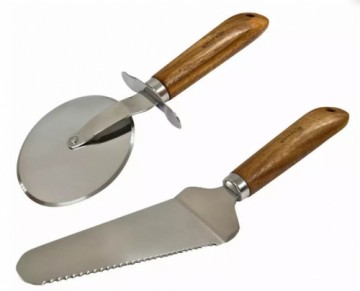 King Hoff Набор для подачи пиццы - лопатка и нож, деревянная ручка из нержавеющей стали, размеры 23 см, 27