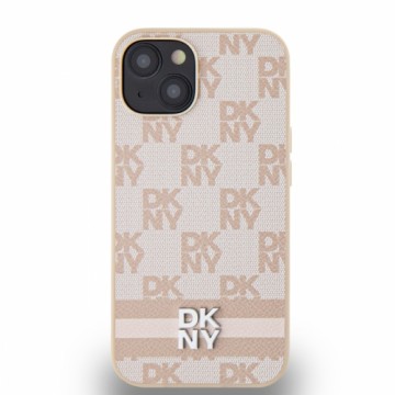 DKNY PU Leather Checkered Pattern and Stripe Case for iPhone 14 Pink