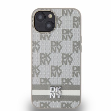 DKNY PU Leather Checkered Pattern and Stripe Case for iPhone 15 Beige