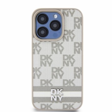 DKNY PU Leather Checkered Pattern and Stripe Case for iPhone 14 Pro Beige