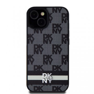 DKNY PU Leather Checkered Pattern and Stripe Case for iPhone 15 Black