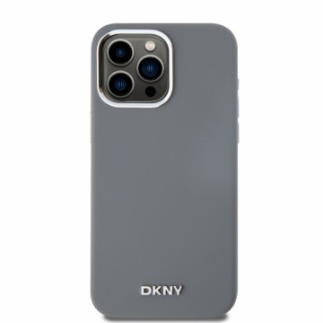 DKNY Liquid Silicone Silver Metal Logo MagSafe Case for iPhone 15 Pro Max Grey